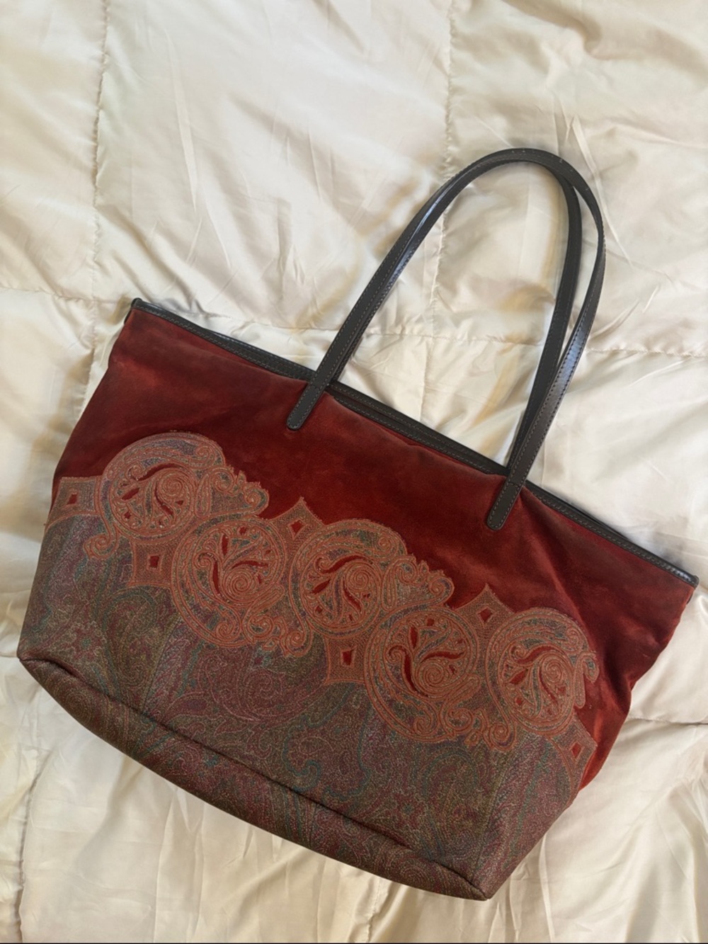 Etro Milano Burgundy Red Suede Paisley-Print Tote with Dark Trim Handles
